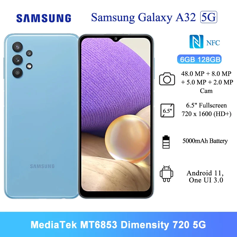 

Samsung Galaxy A32 5G Smartphone 6.5 Inch MT6853 Dimensity 720 Octa-core 6GB 128GB Android Cell phones 48MP AI Quad Cam 5000mAh