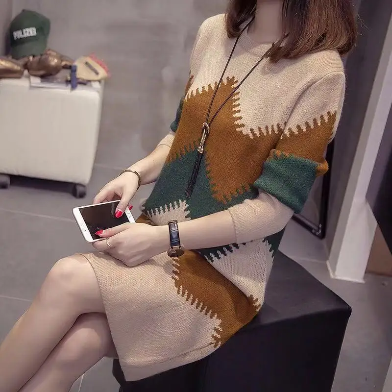 

Autumn Winter Women Middle Long Fashion Loose Sweater Dresses Female Warm Patchwork Long Sleeve Striped Knit Pullovers Dress D15