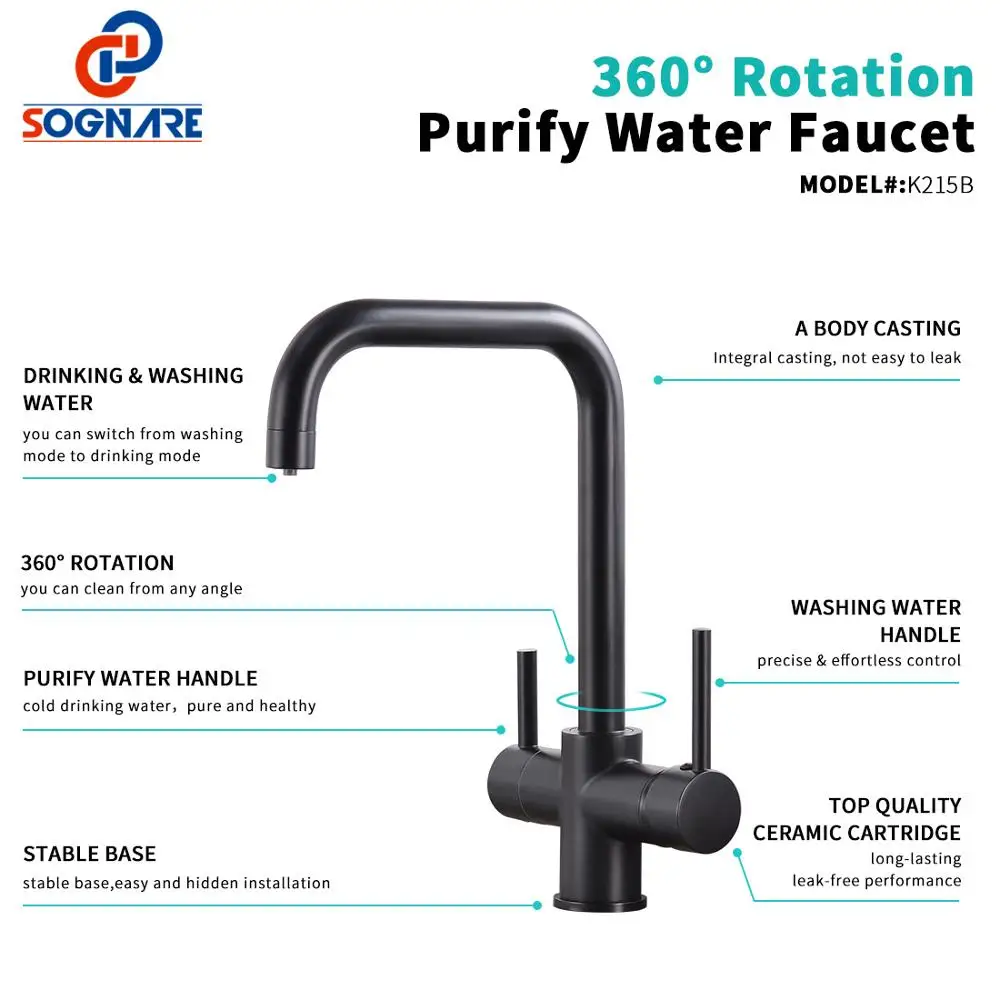  SOGNARE Black Kitchen Faucets Drinking Water Filter Faucet Dual Handle Hot Cold 3-way Filter Kitche