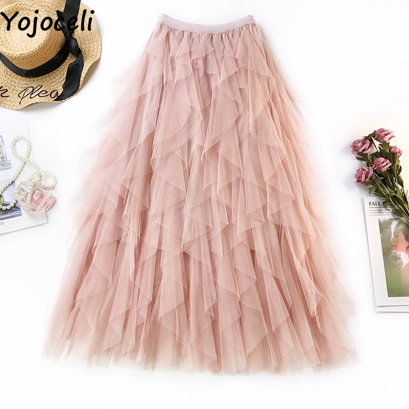 Yojoceli Sexy mesh ruffle high waist skirts womens White lace long party casual skirt female Autumn cool pink skirt bottom