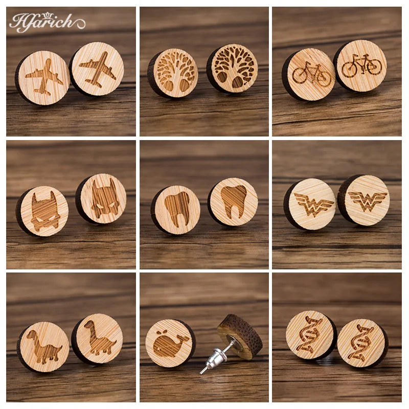 

Hfarich Vintage Bicycle DNA Cup Wood Earrings For Women Personalized Tooth Dinosaur Tree of Life Earings Ear Studs for Men 2019
