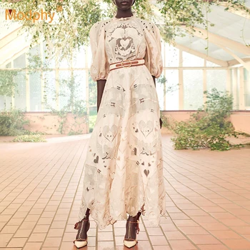 

2020 Autumn New White Hollow Embroidery A-Line Long Dress Fashion Bubble Half Sleeve O-Neck Belt Bohemian Dress Vestidos