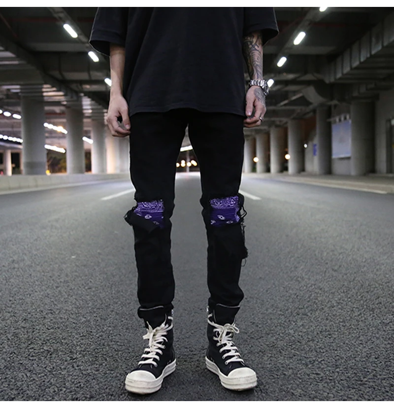 Plegie Bandana Patchwork strappato sul ginocchio Jeans da uomo Jeans High  Street uomo pantaloni in Denim Hip hop pantaloni slim fit jeans neri|Jeans|  - AliExpress