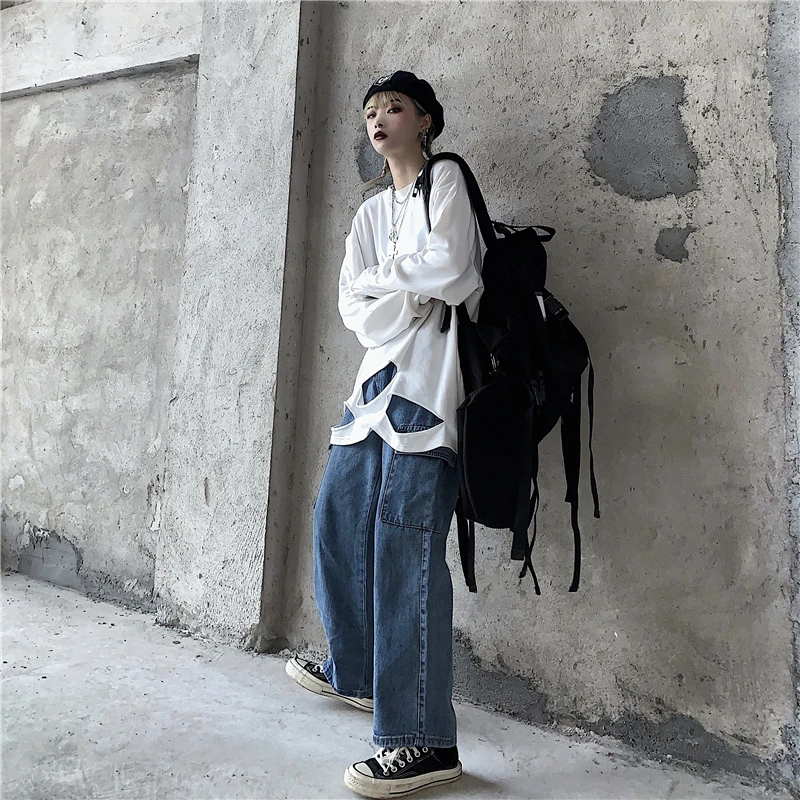 Уличная мода, длинные джинсы для женщин, Harajuku, повседневные, высокая талия, длинные, свободные, прямые, джинсовые штаны, женские, синие, серые, в стиле панк, низ