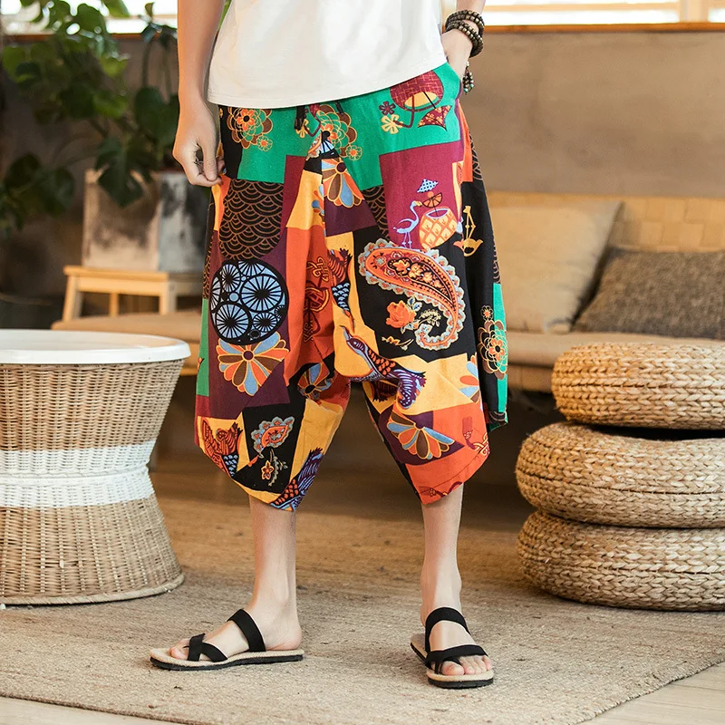 

2019 Summer Retro Chinese-style Large Size Drawstring Capri Pants Loose Harem Pants Japanese-style Casual Floral-Print Men's Fas
