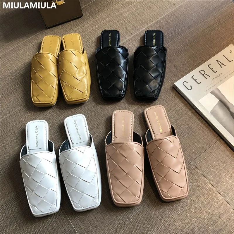 

MIULAMIULA Brand Designer 2020 Spring New Fashion Square Toe Gingham Good Leather Flat Slippers Slip On Loafers Mules Flip Flops
