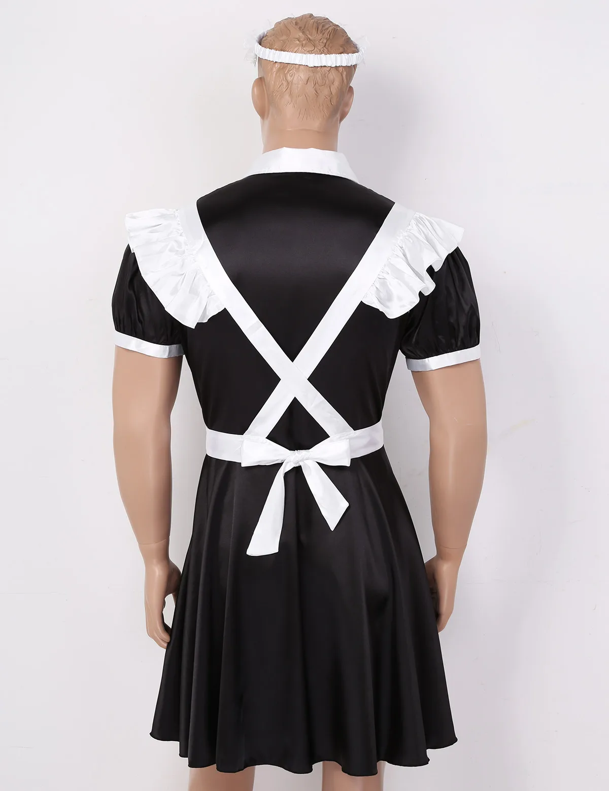 3Pcs Mens Sissy French Maid Dress Set Adult Frilly Satin Uniform Crossdressing Cosplay Costume