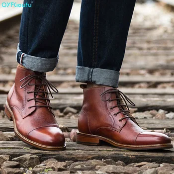 

QYFCIOUFU 2019 Luxury Mens Ankle Boots Genuine Leather Handmade Lace Up Booties Men Shoes For Business Office Martin Booties