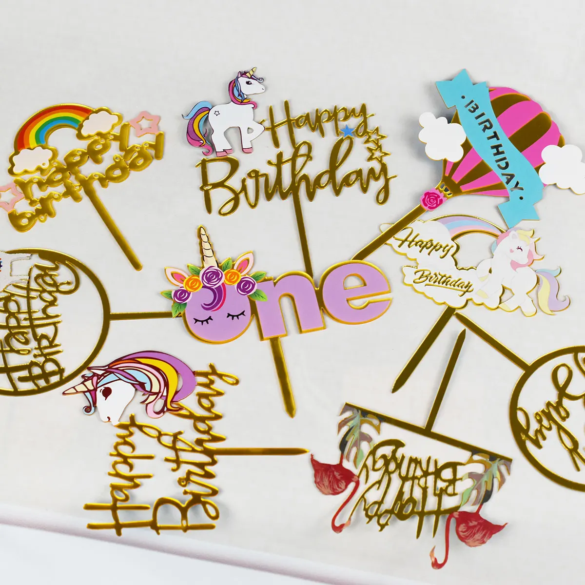 

Baby One Year Old Cake Topper Cartoon Unicorn Rainbow Dessert Dress Up Baking Children's Day Birthday Party Decoration Supplies