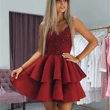 Бургундия трапециевидные Выпускные платья спагетти v-образным вырезом кружева аппликации блёстки Короткие Выпускные платья арабский vestidos