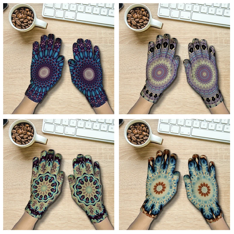

Women And Men Winter Warm Knitted Gloves 3D Printed Mandala Style Gloves For Phone Screen Autumn Non-Slip Mitten Guantes