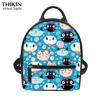 

THIKIN Kawaii Cartoon Cats Print Backpack Female Small Travel Backpacks for Girls School Bag Cute Mini PU Leather Beach Tote Bag