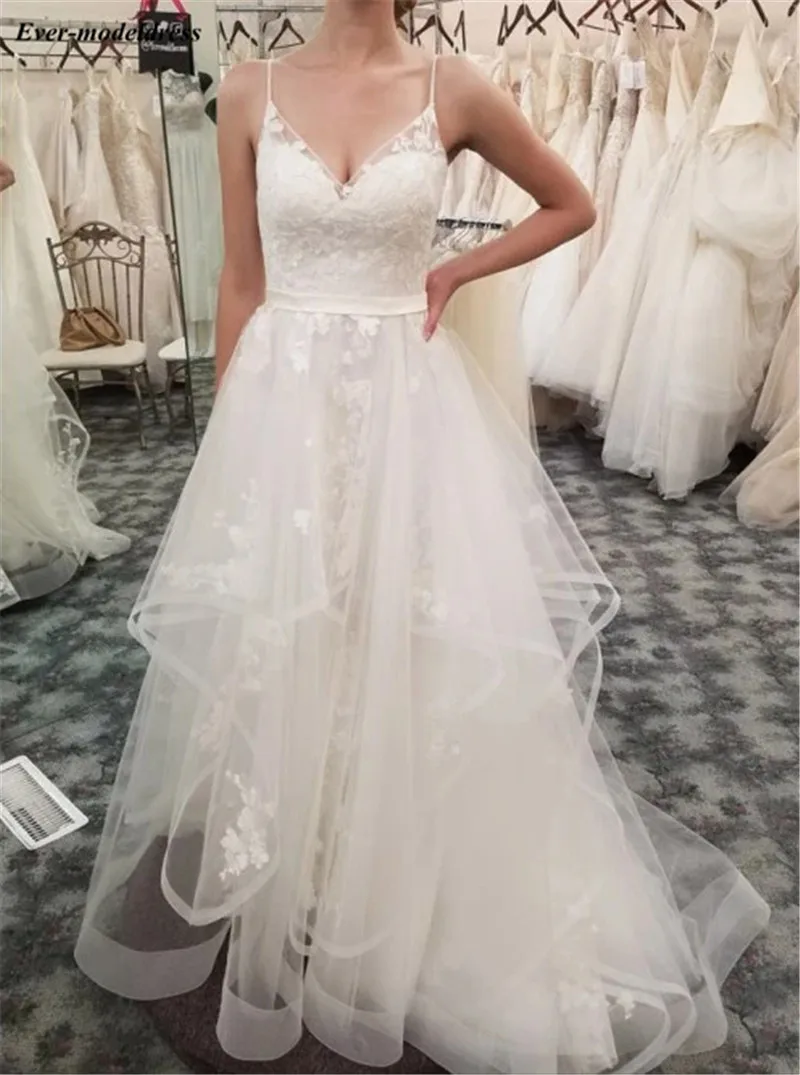 Кружевные свадебные платья на тонких бретельках, на шнуровке, с оборками, Аппликации, скромные свадебные платья, платье невесты, Vestido de Noiva