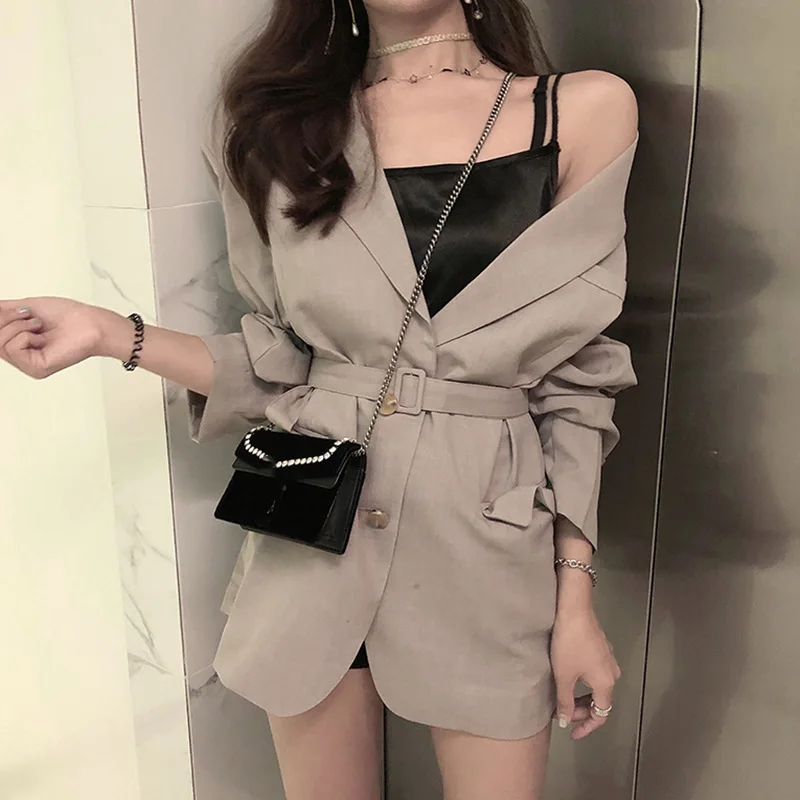 

Western Style Black And White with Pattern Small Suit Female Autumn 2019 New Style Korean-style Slim Fit Bandage Cloth Long-slee