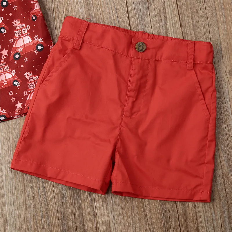 Рождественские наряды для мальчиков 1-6 лет, модная повседневная одежда для маленьких мальчиков, Рождественская рубашка с принтом машины для мальчиков, костюм с топом и красными шортами, комплект для мальчиков