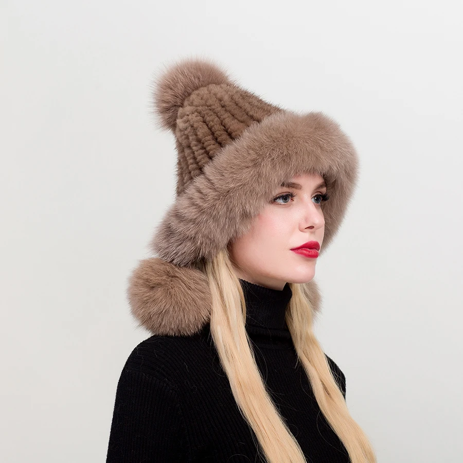 ZDFURS* женская зимняя вязаная норковая меховая шапка с ушками из лисьего меха, помпоны, шапки-ушанки, Русская Шапка-ушанка, Снежная ловушка для катания на лыжах - Цвет: light brown