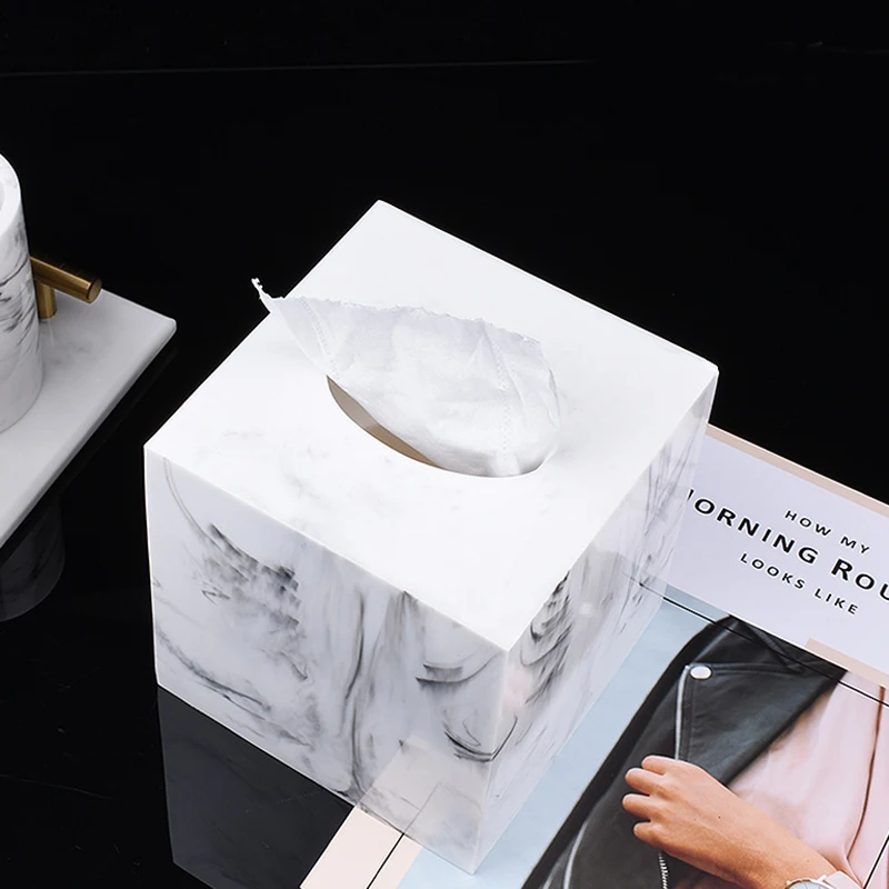 Square Tissue Box Cover, Facial Napkin Holder for Bathroom Living Room Office, Marble-Imitation Made of Resin(White