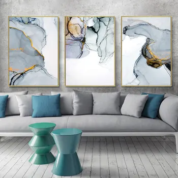 

Nordic Morden Abstract Blue-gray Line Wall Art Canvas Painting Golden Blue Smoke Art Poster Print Wall Picture for Living Room