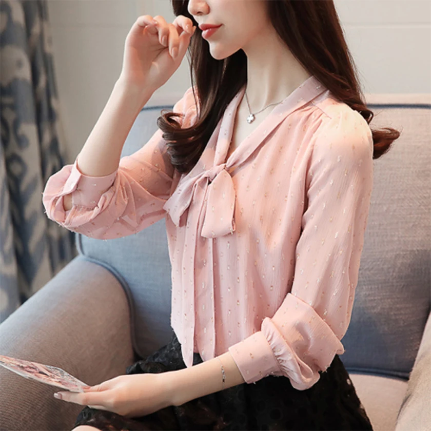Autumn Women's Bow Chiffon Blouse Full Sleeve Korean Fashion OL Casual Solid Color Shirt Lace Up Tops T9D255T