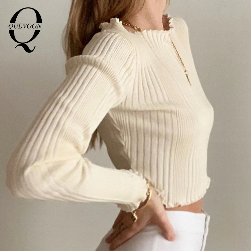 

QUEVOON Ribbed Knitting Crop Tees Long Sleeve Casual High Stylish Nude Color Women's Tops Autumn Winter 2020 Female Clothings