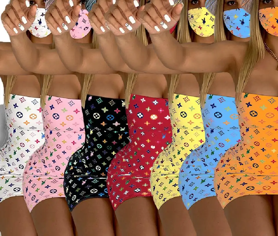 Womens Print Tube Dress Summer Sexy Off-Shoulder Sleeveless Dresses Slim High Waist Clubwear Mini Pencil Dresses Without Mask