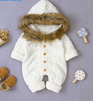 

2020 Autumn Winter Rompers Single Breasted Hooded Warm Long Sleeve Knitted Solid Cute Coat Outwear One-Pieces