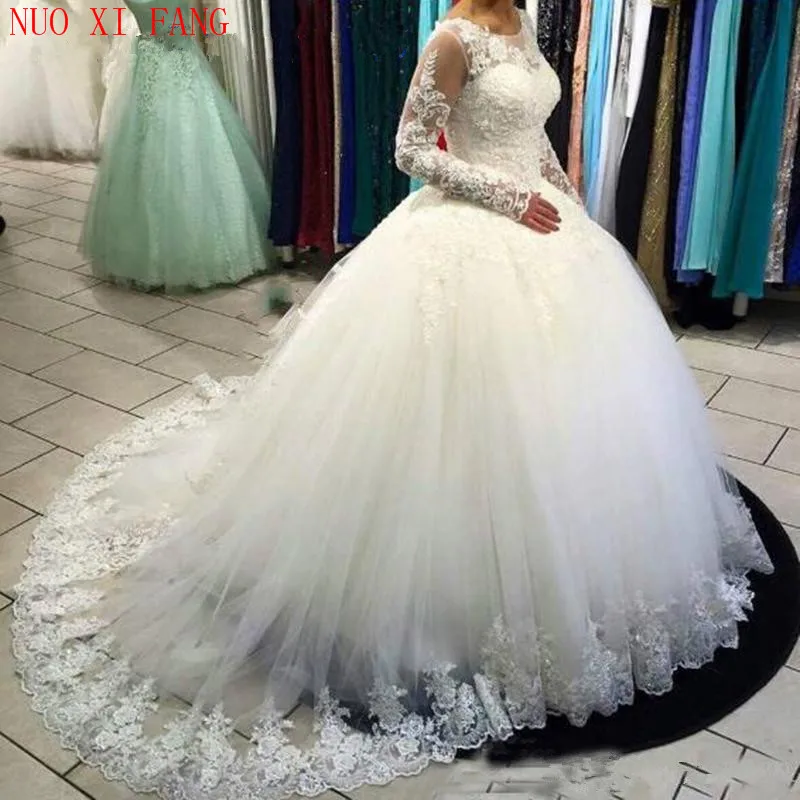 

NUOXIFANG Scoop Ball Gown Wedding Dresses Long Sleeve Wedding Gown Lace Appliques Robe de Mariee Casamento 2020 vestido de noiva