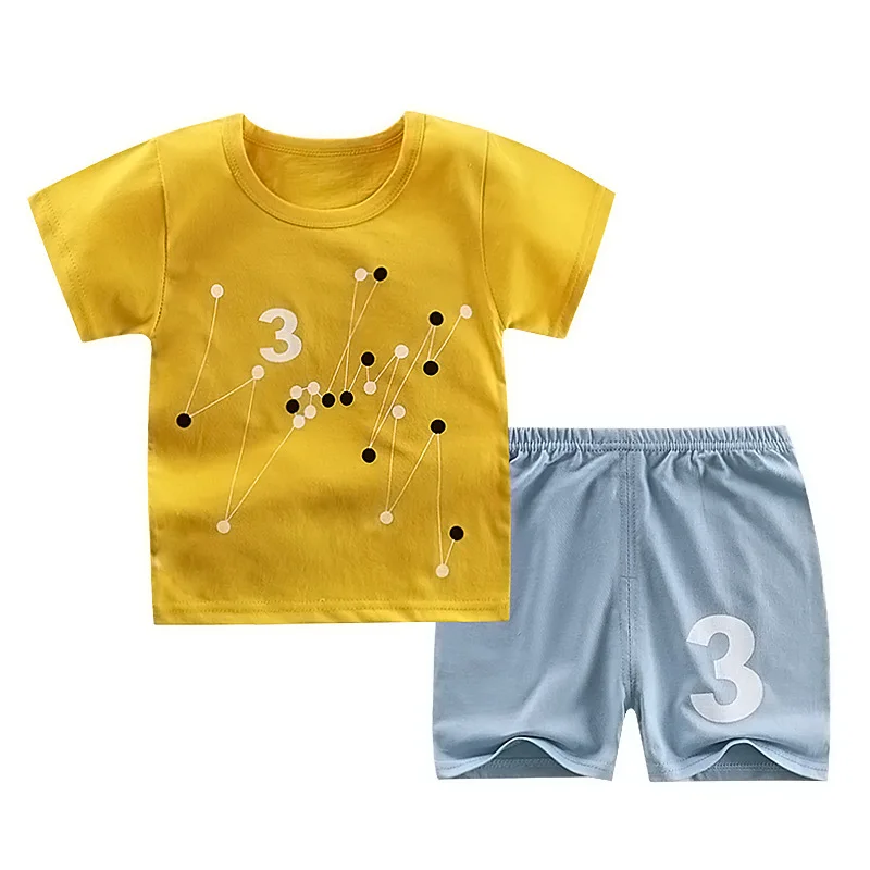 yellow Летние хлопковые комплекты одежды унисекс для детей 12 мес.-4 лет, комплекты хлопкового детского белья, одежда для маленьких мальчиков и девочек, костюмы с короткими рукавами и круглым вырезом, костюм из футболки+ штанов - Цвет: yellow