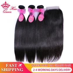 Queen Hair Official Store Brazilian Straight Bundles With Closure 5x5 100% Human Virgin Hair Extension Transparent Lace Products