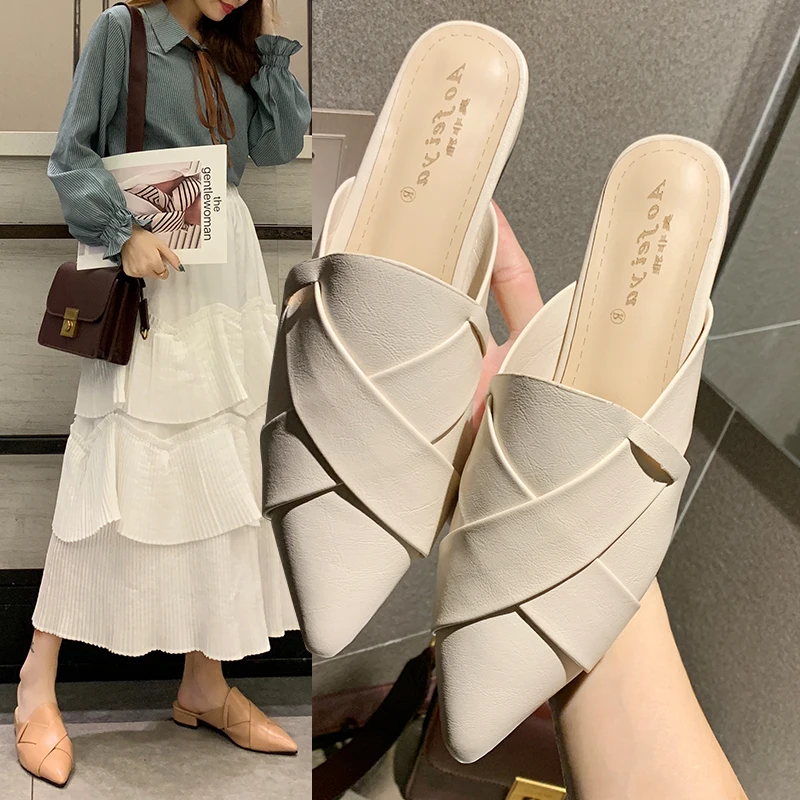 

Women's white indoor non-slip rubber slippers summer fashion PU leather pointed walking slippers 3CM heel flat shoes 35-39SIZE