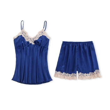 

Summer New Satin Sleep Suit Lady Lace 2PCS Strap Top&Shorts Set Pajamas Pyjamas Sexy Intimate Lingerie Nightwear Homewear