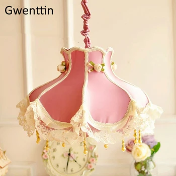 

Modern Pink LED Pendant Lights Nordic Lace Fabric Hanging Lamp Light Fixtures for Home Decor Princess Girl Bedroom Art Luminaire