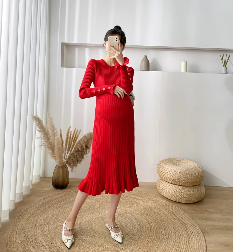 2305 # herbst Winter Gestrickte Mutterschaft Lange Pullover Chic Ins Elegante EINE Linie Dünnes Kleid Kleidung für Schwangere Frauen Schwangerschaft – Detail 21
