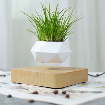 

1 Set Maglev Flower Pot Creative Air Flowerpot Maglev Bonsai Decorative Plant Pot Wooden Grain Flowerpot without Plant with UK P