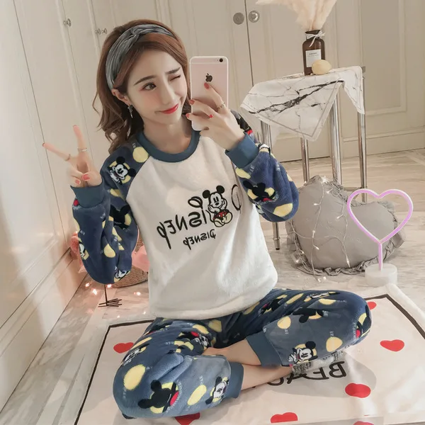 Winter New Women Coral Velvet Sleepwear Ladies Flannel Pajama Set Carton Shiba Inu Multiple Patterns Printing Warm Homewear - Цвет: Smoky blue MIckey
