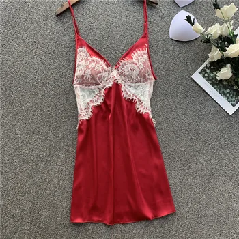 

Lace Spaghetti Strap Nightdress Women Sexy Nightwear Satin Nightgown Sleepwear Intimate Lingerie Perspective Bathrobe Homewear