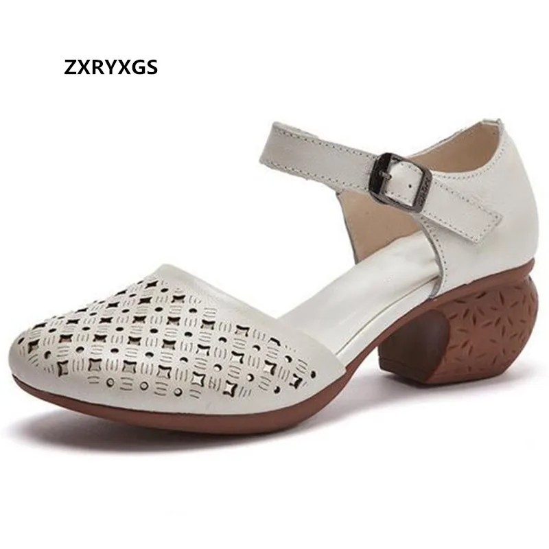 

ZXRYXGS 2021 New Round Toe Genuine Leather Hollow Sandals Women Shoes Sandals Banquet Wedding Sandals Thick High Heel Sandals