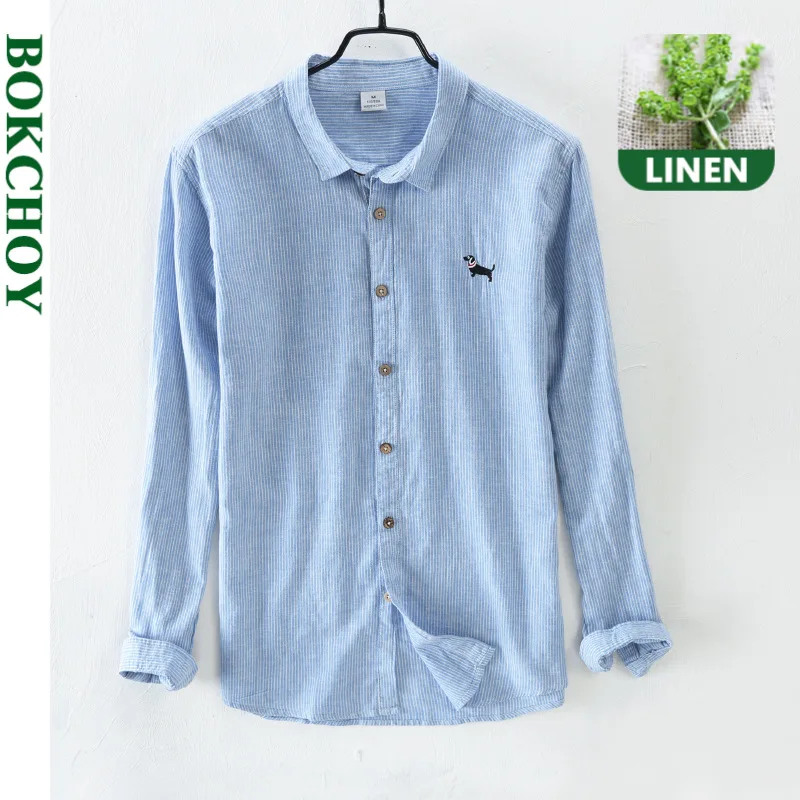 Camisas Vintage de algodón y lino para hombre, camisa de manga larga, primavera y otoño, nuevo estilo, bordado a rayas, bonito perro, 2020