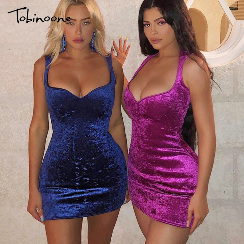 

Tobinoone velvet vintage women dress Backless short party sexy dress retro mini dress Pencil deep v neck bodycon dress evening