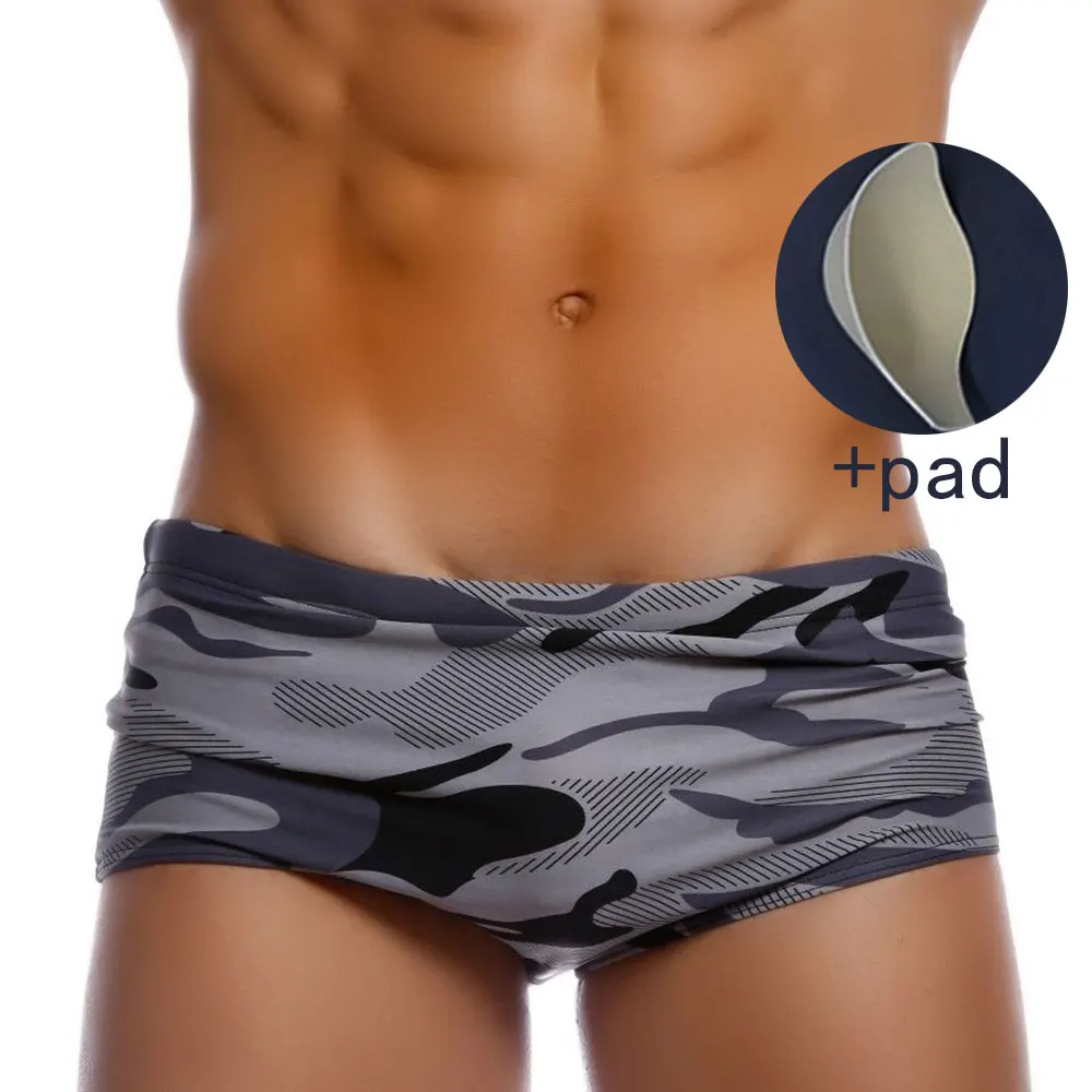 Grey with pad Сексуальная мужская одежда для плавания, летние мужские плавки для серфинга, пуш-ап, пляжные спортивные плавки с низкой талией и завязками, купальный костюм для мальчиков - Цвет: Grey with pad