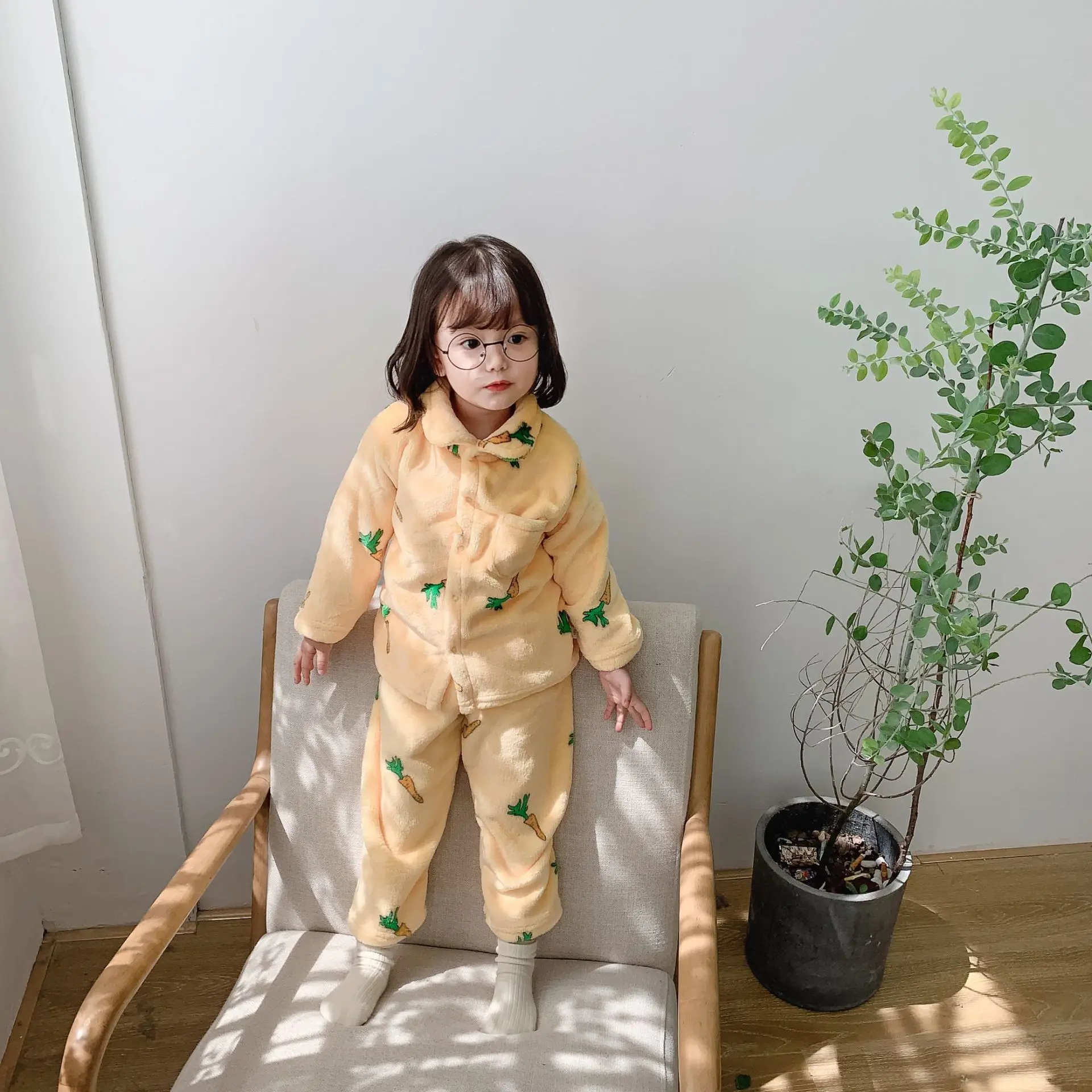 yellow WLG/комплект из 2 предметов; зимняя Пижама для мальчиков и девочек; детская бархатная плотная Пижама с рисунком; цвет белый, розовый, желтый, синий; теплая одежда для малышей - Цвет: yellow