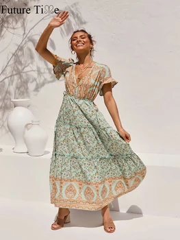 

Future Time 2020 Spring New Print Long Dress Layered V-neck Dress Bohemian Vintage Women Dress SP605