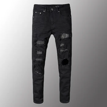 

New Mens Jeans Men's Slim Skinny Crystal Rhinestone Patchwork Ripped Jeans Fashion Patch Black Stretch Denim Pants 28-40