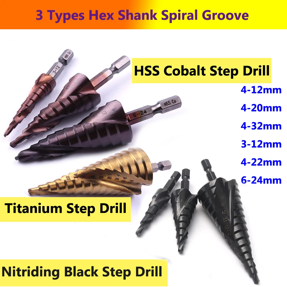 3-12/4-22/6-24/4-12/20/32mm HSS-Co/ Nitride/ Titanium Coated Step Cone Drill Hex Shank Step Drill Bit for Metal Hole Cutter