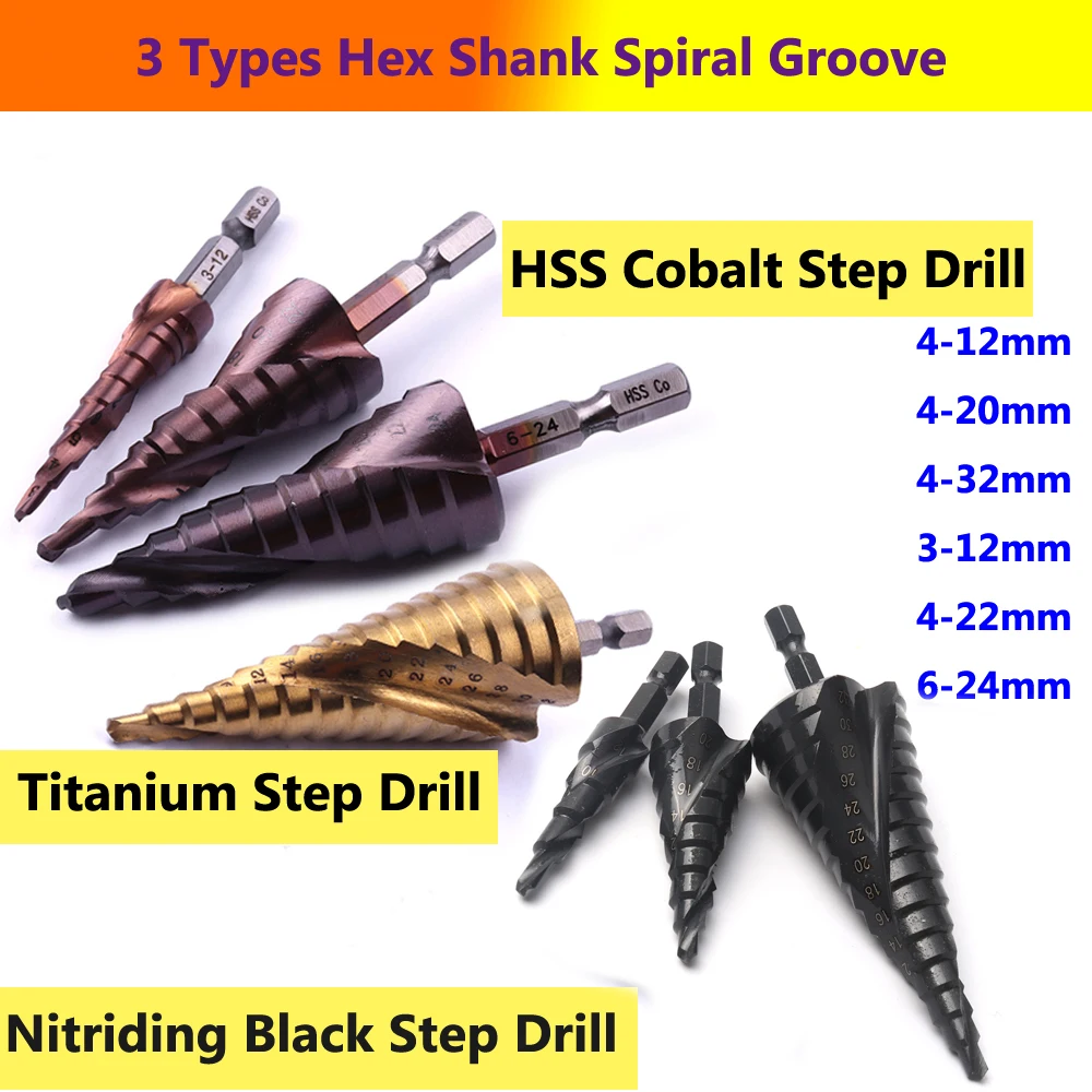 Hex Shank Spiral Groove Step Drill Bit Black Spiral Step Drill//1-Pc//4-20mm
