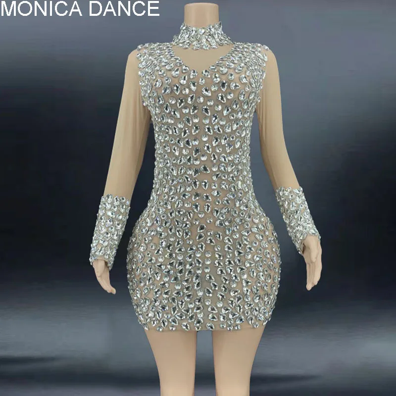 Women Sexy Stage Silver Rhinestones 