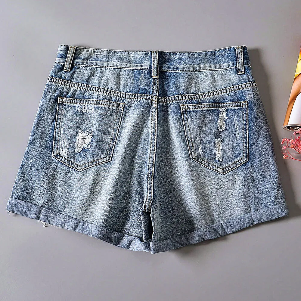 SEBOWEL Summer Vintage Faded Jeans Shorts Woman Female Rolled Cuff Distressed Denim Shorts Plus Size S-XXL Ladies Short Pants