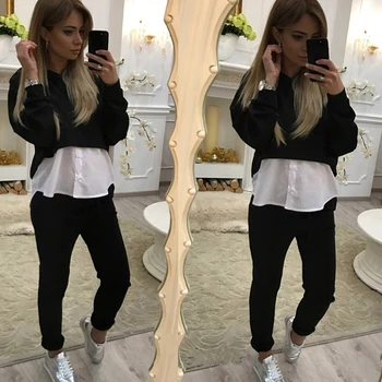 

New Hot Selling Women Autumn Solid Casual Sportswear Long-Sleeve Hooded Crop Tops +Pants Full Length Suit Femme Sets