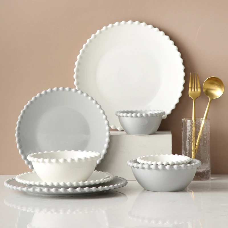 Nordic Creative Pearl-Rim Ceramics Dinnerware Set, Steak Flat Tray, Dessert Plate, Salad Bowl, Beaded Tableware, Round Shape