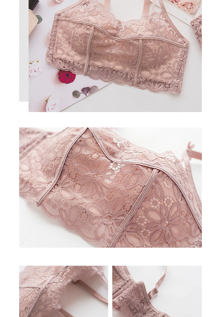 Roseheart женский модный розовый черный кружевной бюстгальтер без косточек с бантиком, трусики, беспроводной пуш-ап бюстгальтер, Набор чашек A B, комплект нижнего белья